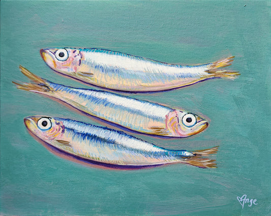 Three fish illustrations on a teal background