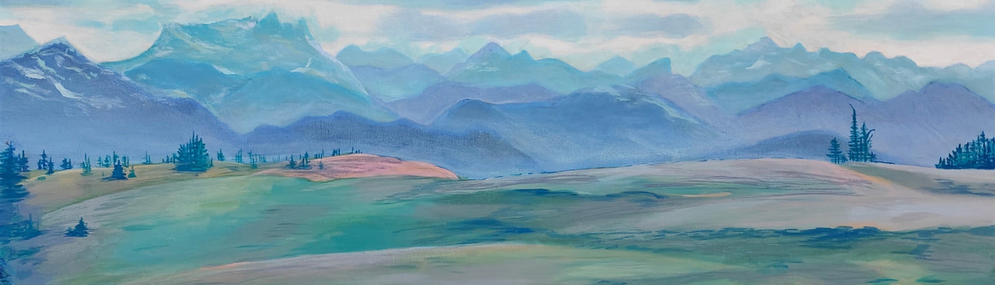 Painting of a scenic landscape with mountains, fields, and people sitting on a bench.