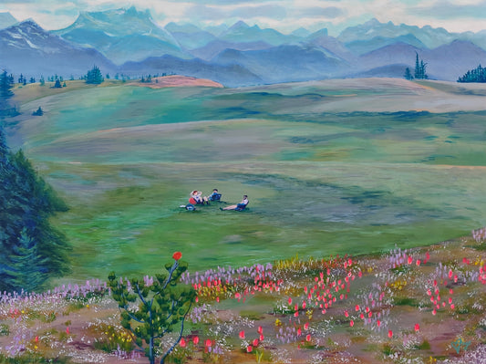 Painting of a scenic landscape with mountains, fields, and people sitting on a bench.
