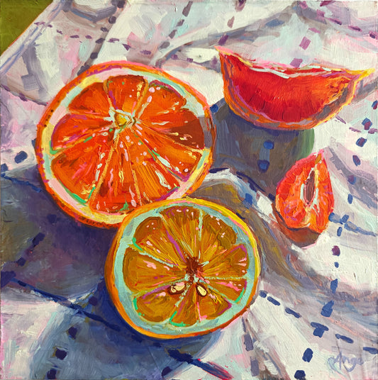 An expressive oil painting of sliced citrus fruits, including two large orange halves and two red grapefruit wedges, arranged on a white cloth with blue and purple brushstrokes.