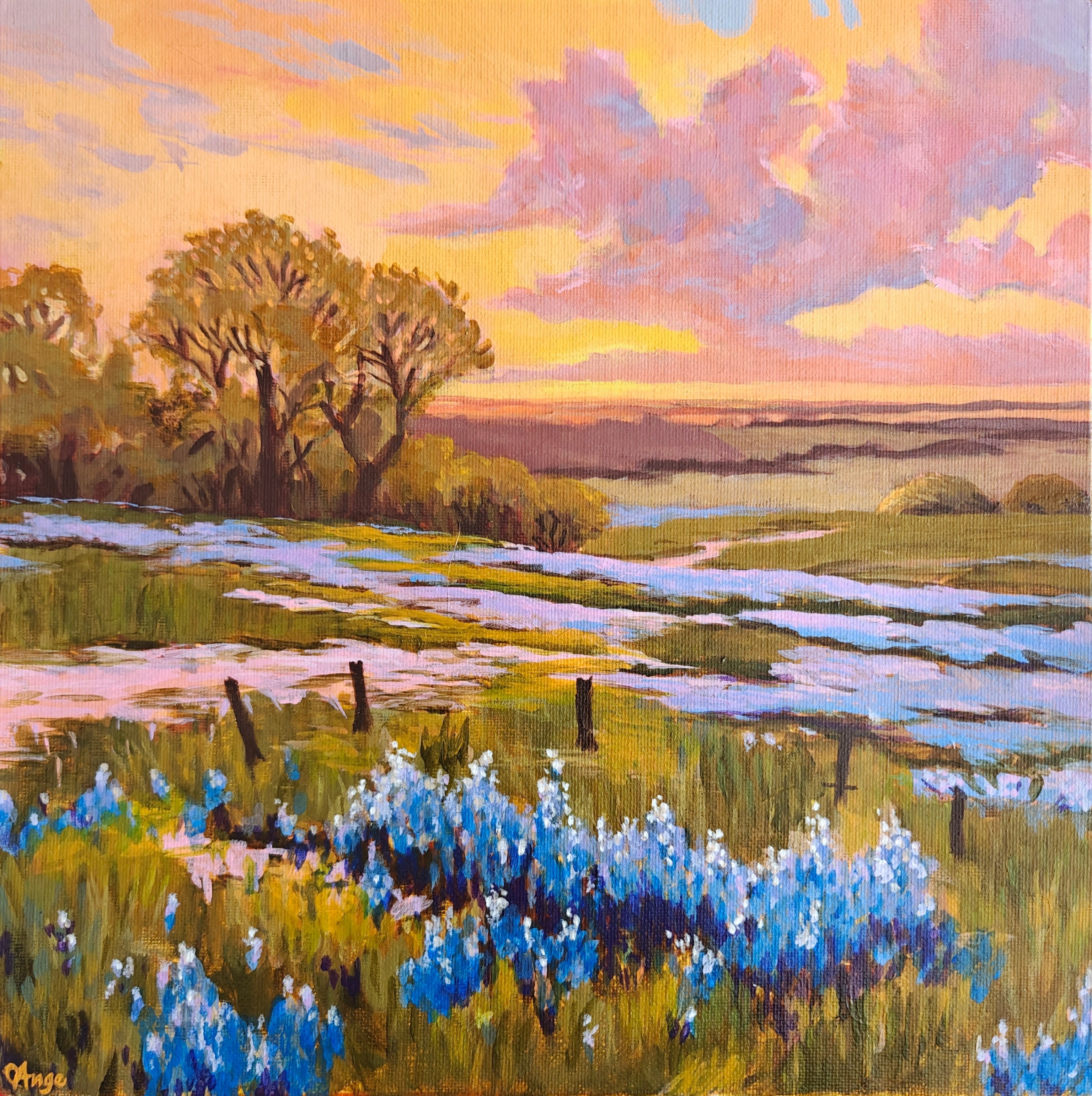 Painting of a sunset over a field of blue bonnets