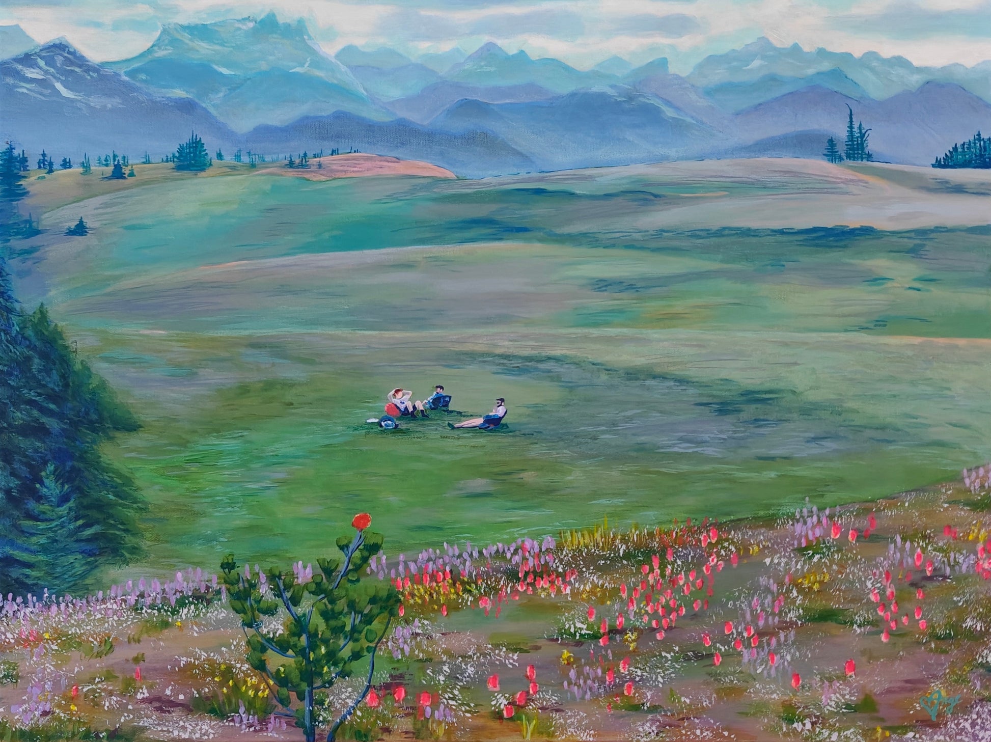 Painting of a scenic landscape with mountains, fields, and people sitting on a bench.