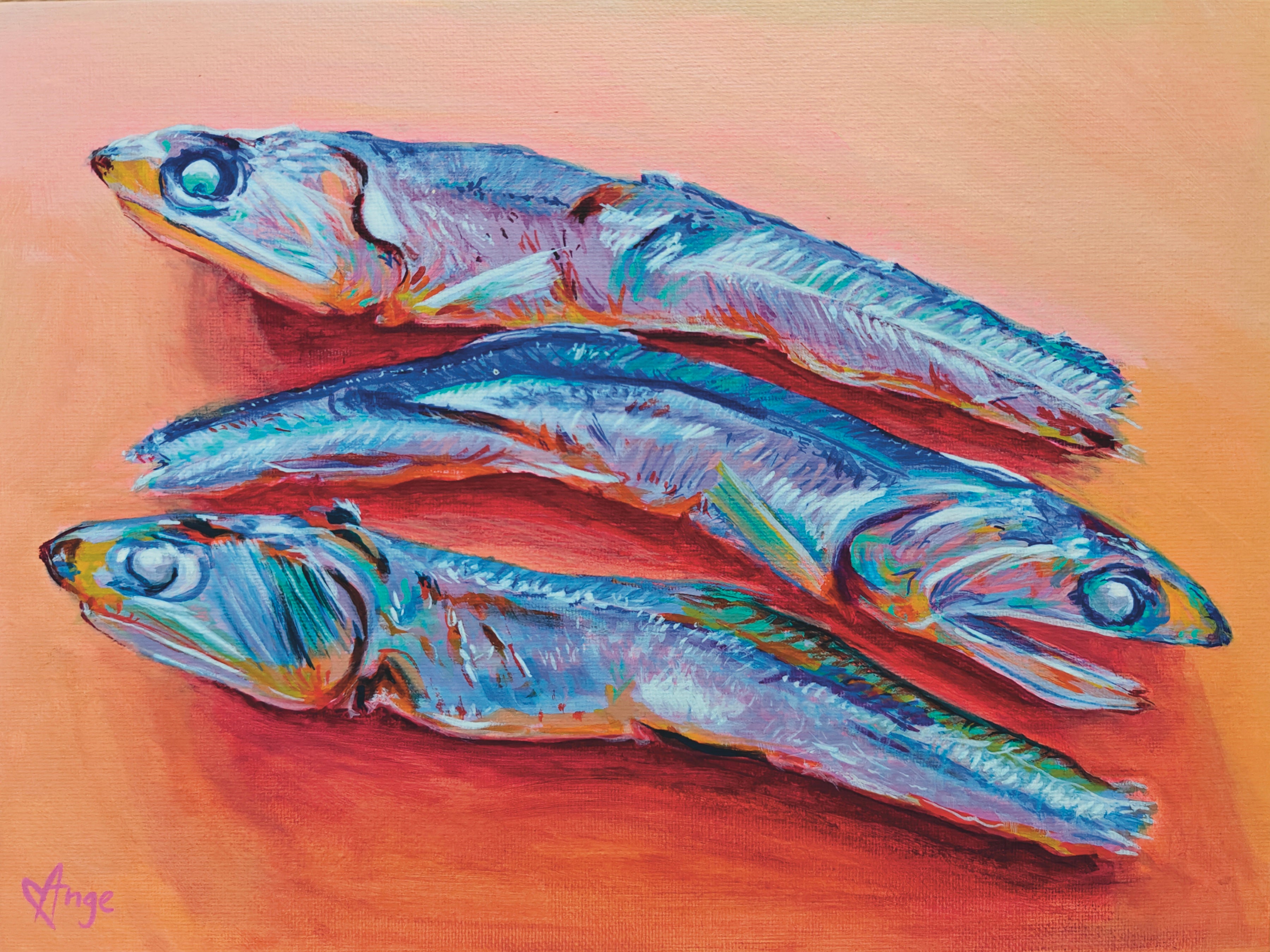 Artistic depiction of three fish on a solid background