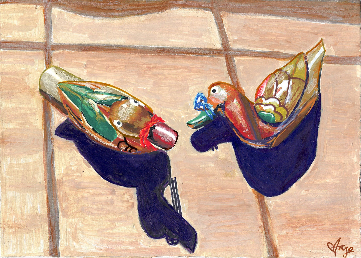 Two colorful birds against a wooden background