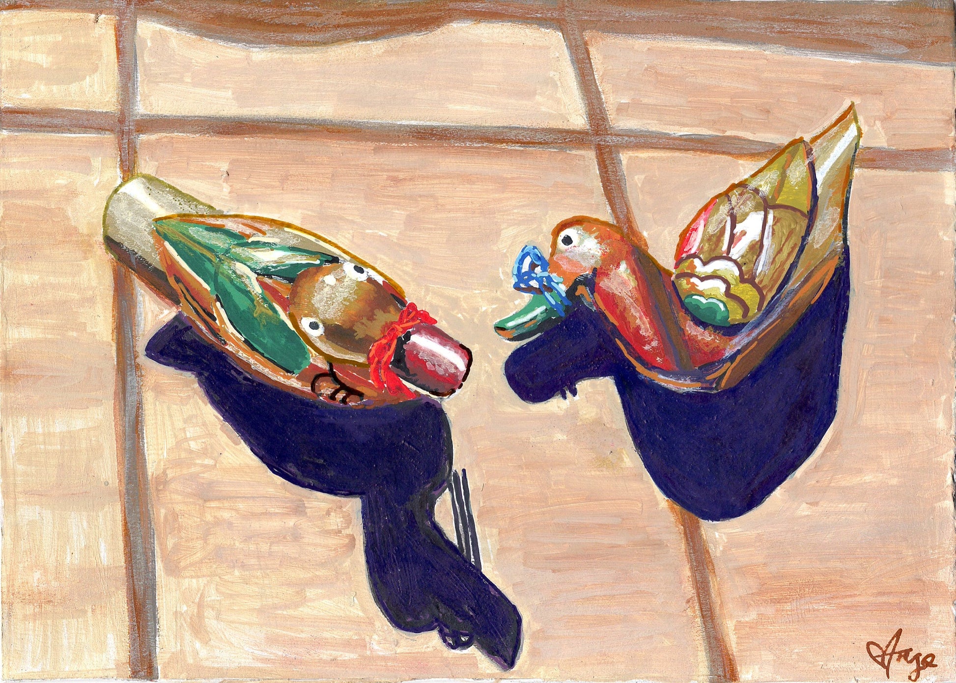 Two colorful birds against a wooden background
